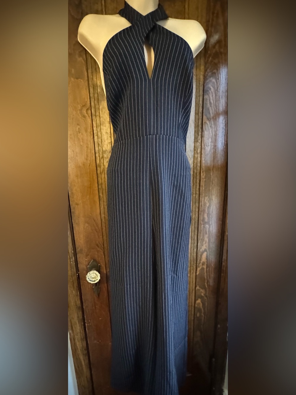 Lulus Navy pinstripe jumpsuit halter style size Large NWT
